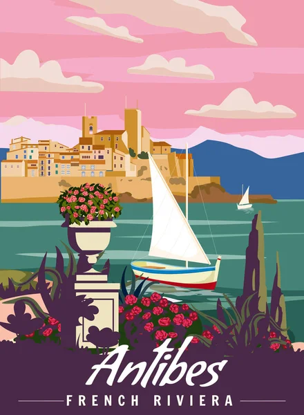 Antibes French Riviera Retro Poster Вид Мальовничого Тропічного Узбережжя Пальма — стоковий вектор
