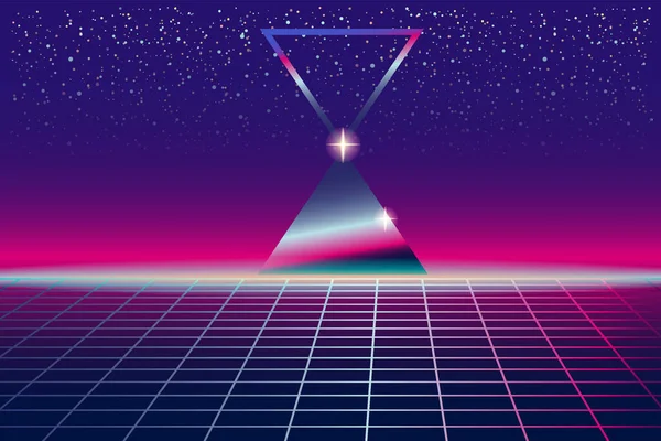 Synthwave Retro Banner Vaporwave Estetisk Bakgrund Pyramider Rutnät Solnedgång Retrowave — Stock vektor