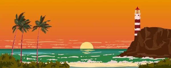Башня Маяка Маяк Тропическом Побережье Океана Сигнальное Сооружение Скале Морской — стоковый вектор