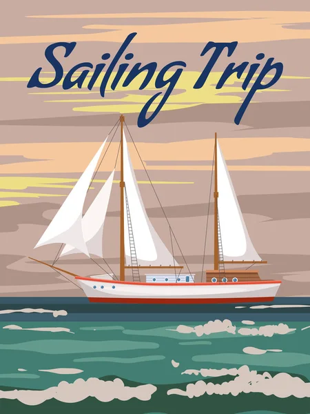 Segling Trip Affisch Retro Segelfartyg Havet Hav Tropisk Kryssning Segelbåt — Stock vektor
