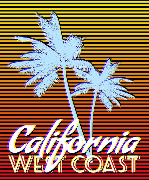 加州西海岸日落印刷品设计 海报复古棕榈树轮廓 矢量说明 — 图库矢量图片