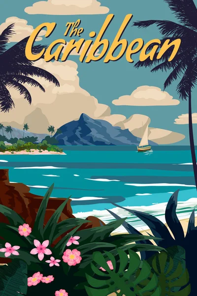 Poster Perjalanan Karibia Wisata Tropis Vintage Pantai Telapak Tangan Laut - Stok Vektor