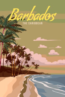 Seyahat posteri Barbados tropikal ada tatil beldesi. Sahil, palmiyeler, okyanus, sahil. Paradise Resort, retro style illüstrasyon vektör kartpostalı