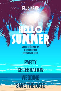 Merhaba Summer Beach Palms Party Posteri, Flyer. İzole edilmiş illüstrasyon uyaran vektör şablon arkaplan kartı