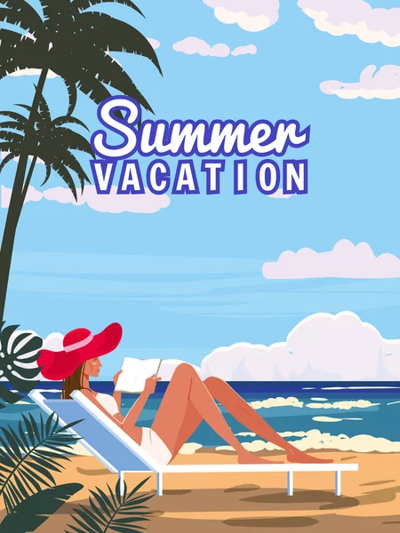 ビーチ 海岸熱帯リゾート ヤシの木 海の赤い帽子の本とチェイスラウンジの夏休みの女性 レトロなポスター旅行休暇への時間 ベクトル図は孤立し — ストックベクタ
