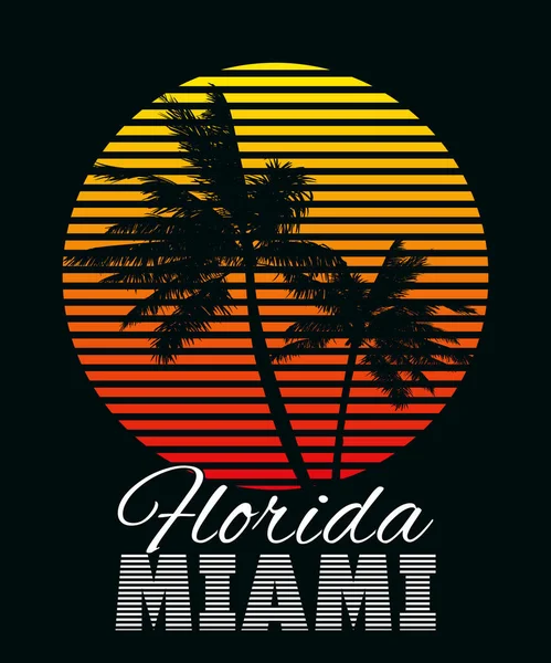 Florida Miami Beach Diseño Camiseta Estampada Atardecer Póster Siluetas Palmeras — Vector de stock