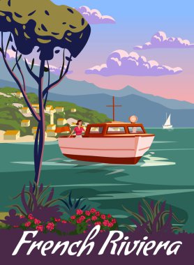 Fransız Riviera sahil motorlu tekne posteri. Resort, French Riviera Güzel sahil posterleri. Tatil köyü, sahil, deniz, sahil. Retro biçim illüstrasyon vektörü izole edildi