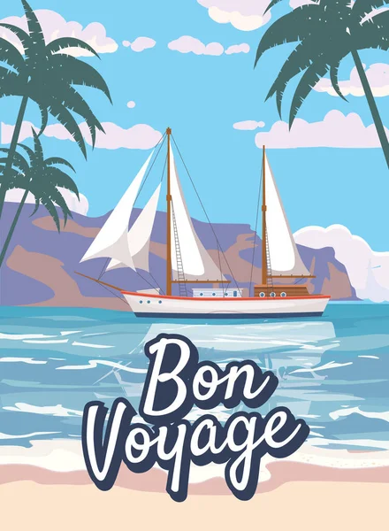 一帆风顺的海报复古 航行的船在海洋 热带游轮 夏季旅行度假 矢量插图复古风格 — 图库矢量图片