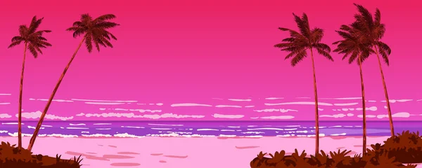 Günbatımı Pankartı Plaj Okyanusu Palmiyeler Deniz Kıyısı Ufuk Çizgisi Pembe — Stok Vektör