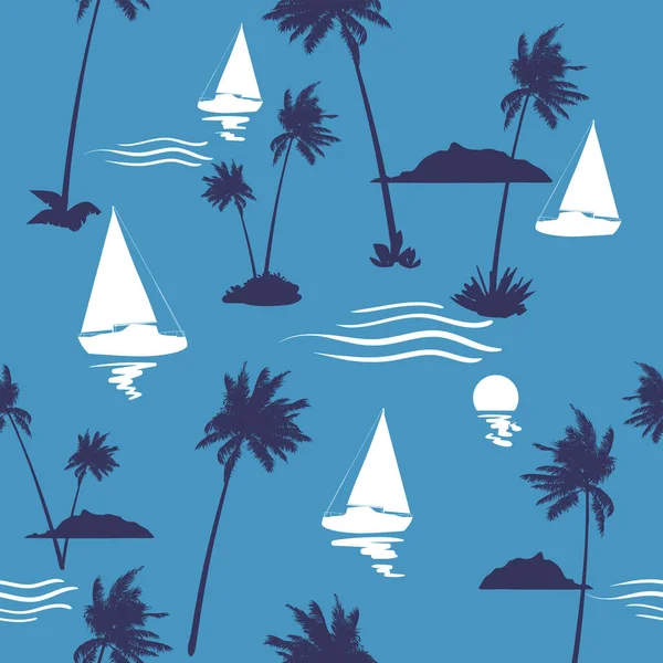 Voilier Île Tropicale Coucher Soleil Palmiers Motif Sans Couture Illustration — Image vectorielle