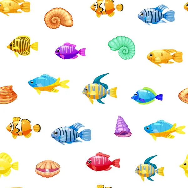 Peixes Tropicais Conchas Desenho Animado Sem Costura Padrão Engraçado Engraçado — Vetor de Stock