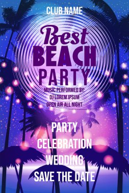 Best Beach Party Şablonu, Night Beach Palms Posteri, Broşür. İzole edilmiş illüstrasyonu destekleyen vektör arkaplan kartı