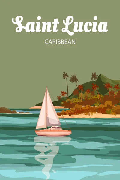 Reisposter Saint Lucia Tropisch Eiland Resort Vintage Strandkust Palmen Oceaan — Stockvector