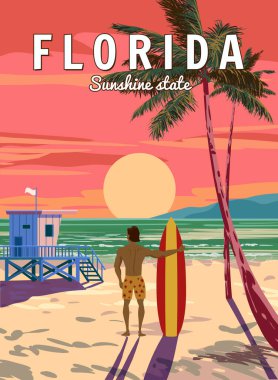 Florida Soutn Beach Retro Posteri, sörf tahtası olan sörfçü. Sahildeki cankurtaran evi, palmiye, sahil, sörf, okyanus. Vektör illüstrasyon klasik biçimi izole edildi