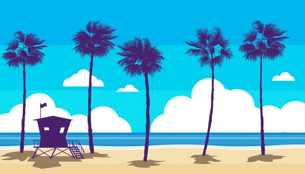 Beach Landscape Lifeguard Tower Station Palms Sea Ocean Coast View — Stockový vektor