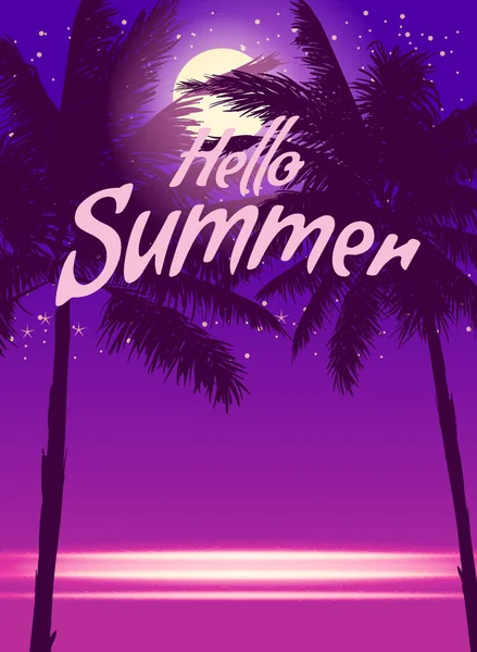 Hello Summer Night Party Background Palms Design Template Flyer Summertime — Stockvector