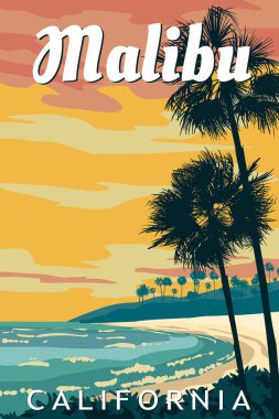 California Malibu plajı retro seyahat posteri, Malibu Sahili, palmiyeler, okyanus sörfü. Vektör illüstrasyon vintage kartı