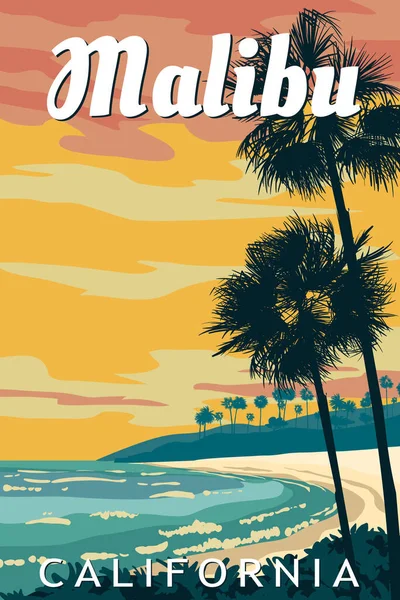 California Malibu Plajı Retro Seyahat Posteri Malibu Sahili Palmiyeler Okyanus — Stok Vektör