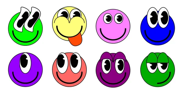 stock vector Cartoon Set of Groovy funny cartoon smile characters, vintage. Funky comic bright emoticon stickers, trendy retro vector illustration