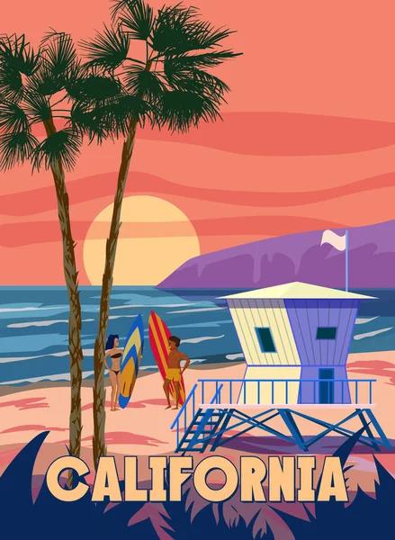 Калифорнийский Плакат Ретро Спасательный Домик Пляже Закат Пальма Побережье Серф — стоковый вектор