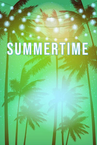 Summertime Sunset Beach Template Design Palms Poster Flyer Vector Cartão — Vetor de Stock