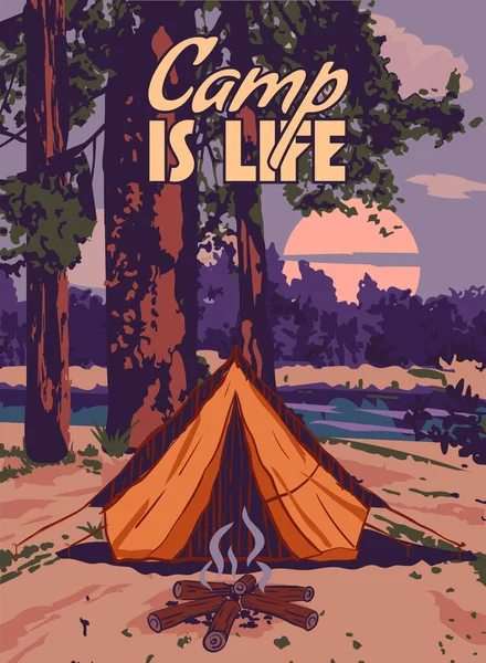 Camp Life Poster Retro Camping Outdoor Travel Tourism Hiking Summer — Stock Vector