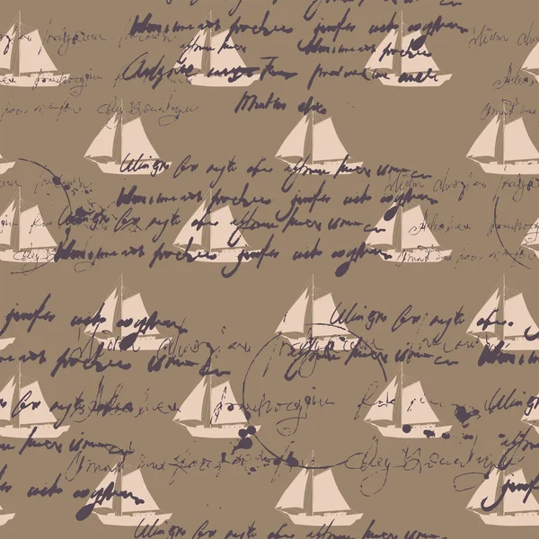 Behälternahtloses Muster Unlesbarer Text Handschriftliche Notizen Vektorillustration Silhouette Segelboot Flach — Stockvektor