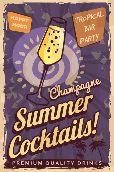 stock vector Champagne Cocktail Retro poster. Cocktail lounge vintage sign, summer and the sea promotional design, old textured paper. Vector illustration template