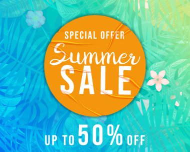 Summer Sale banner tropical plant, flowers and leaves. Yellow sticker with wrinckles, glued paper patch. Seamless pattern on background. Template modern summer sale banner. Vector illustration clipart