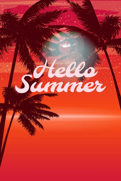 Hola Summer Sunset Beach Plantilla Fiesta Diseño Palms Party Poster — Archivo Imágenes Vectoriales