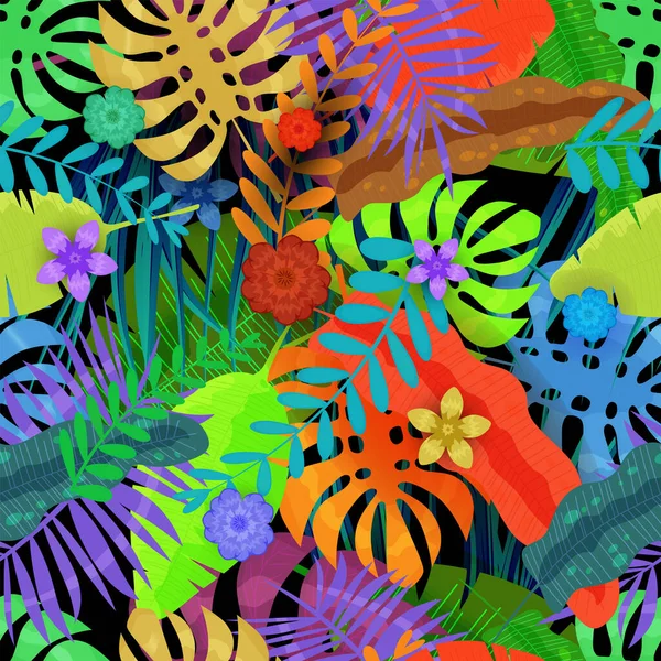 Απρόσκοπτη Μοτίβο Τροπικό Εξωτικό Φόντο Πολύχρωμα Φύλλα Ζούγκλας Λουλούδια Εικονογράφηση — Διανυσματικό Αρχείο