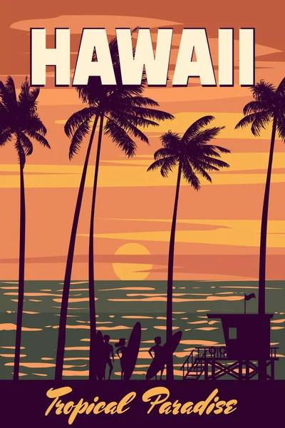 Ταξιδιωτική Αφίσα Χαβάης Sunset Surfers Παραλία Ναυαγοσώστης Σταθμό Φοίνικες Παράκτια — Διανυσματικό Αρχείο
