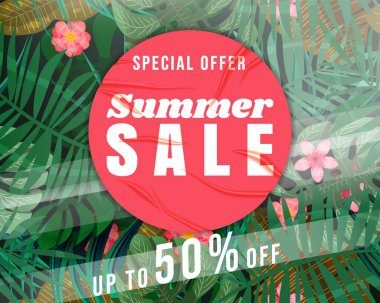 Yaz Satışı Şablonu. Tropik bitkiler, çiçekler ve yapraklar. Kırışıklıkları olan pembe çıkartma, yapıştırılmış kağıt yama. Arka planda pürüzsüz desenler, afişler, modern yaz indirimi. Vektör