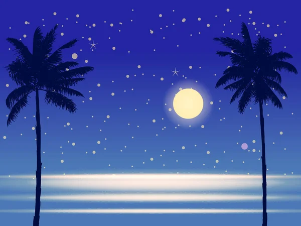 Tropical Seashore Night Landscape Coast Palms Moonlight Ocean Summer Exotic — Stockvector