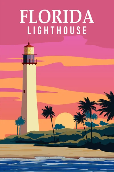 Retro Poster Key Batı Feneri Florida. Palm, fener kulesi, gün batımı, okyanus. Vektör illüstrasyon klasik biçimi izole edildi