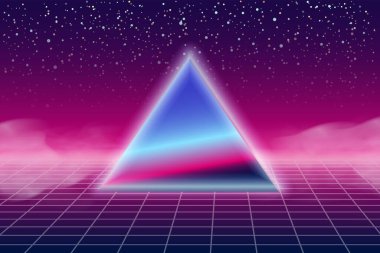 Sentetik retro pankart buhar dalgası estetik arka planı. Piramitler ızgarası 3d, günbatımı 80 s retrowave
