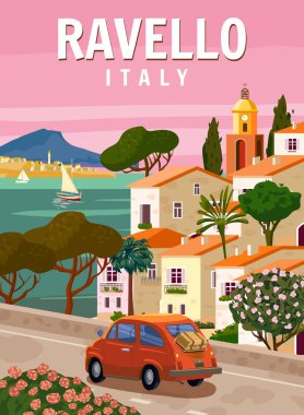 Retro Poster İtalya, Ravello tatil köyü, Amalfi sahili. Yol arabası, Akdeniz romantik manzarası, dağlar, sahil kasabası, yelkenli, deniz. Retro seyahat posteri, kartpostal vektör çizimi izole edildi
