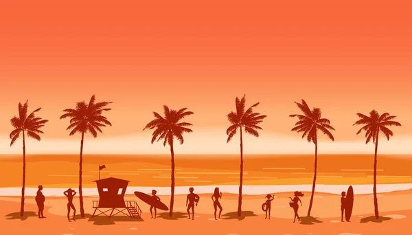 Beach landscape with Lifeguard Station, people on vacation. Palms, sea, ocean, coast view, sunset. Vector illustration flat style silhouette