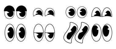 Çizgi film setindeki komik çizgi film karakterleri, klasik. Komik komik gözler simge çıkartmaları, modaya uygun retro vektör çizimi