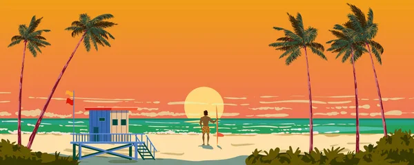 Západ Slunce Výhled Oceán Pobřeží Písečná Pláž Surfař Palmy Plavčík — Stockový vektor