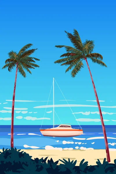 Tropical Island Nature Seachore Sailboat Palms Sea Ocean Summer Vacation — Stock Vector