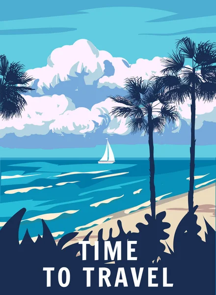 Время Путешествовать Ретро Плакат Тропический Пляж Парусник Пальма Серфинг Океан — стоковый вектор