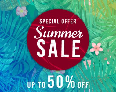 Yaz Satışı Şablonu. Tropik bitkiler, çiçekler ve yapraklar. Kırışıklıkları olan kırmızı etiket, yapıştırılmış kağıt yama. Arka planda pürüzsüz desenler, afişler, modern yaz indirimi. Vektör