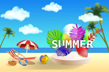 Yaz afişi. Tropik plaj, sahil sandalyesi, sahne, şemsiye, avuç içi, yapraklar, gökyüzü bulutu reklam promosyonu şablon arka planı