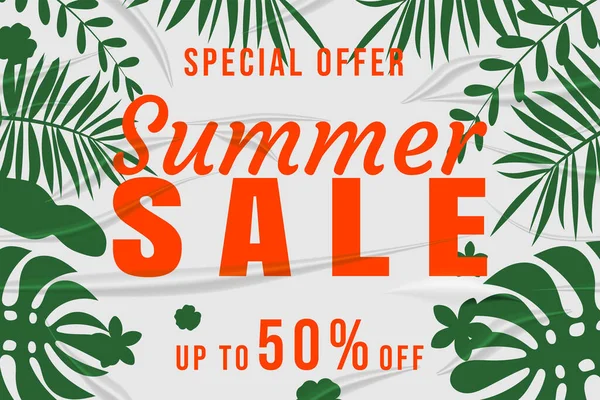 Yaz indirimli, kırışıklıkları olan yapıştırılmış kağıt gerçekçi, tropikal renkli bitkiler, çiçekler ve yaprakların arka plan etiketini etkiler. Modern yaz indirimi afişi. Vektör illüstrasyonu