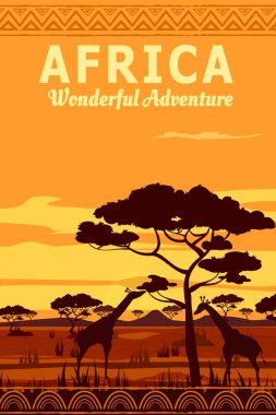 Travel poster Africa savanna sunset. Exotic landscape, giraffe, vintage, silhouette, vector illustration clipart