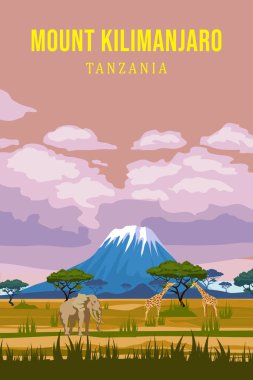 Seyahat posteri Afrika savanası Kilimanjaro Tanzanya 'nın batışı. Egzotik manzara, klasik, vektör illüstrasyonu