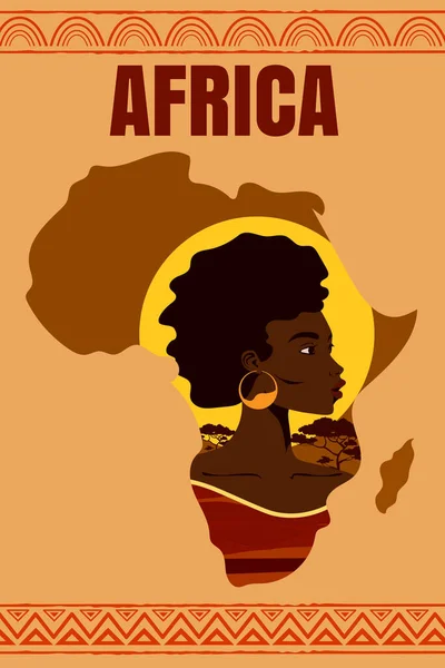 Африканский Портрет Женщины Карте Африки Пейзаж Заката Винтажный Дизайн Этнический — стоковый вектор
