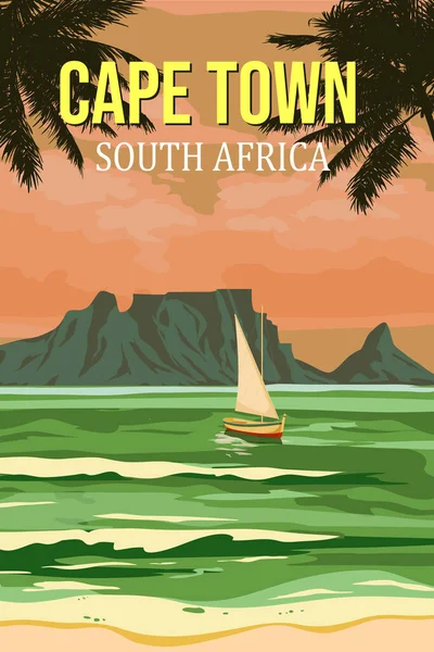 Kapstaden Travel Poster Table Mountain Utsikt Vintage Exotisk Havsutsikt Segelbåt — Stock vektor