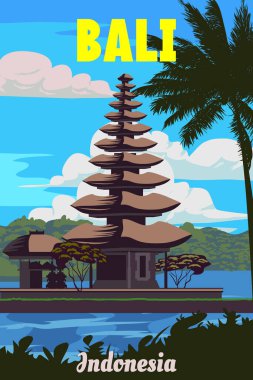 Seyahat posteri Bali tropikal ada tatil beldesi. Antik tapınak, sahil, palmiyeler, okyanus. Endonezya cennet merkezi, retro stil illüstrasyon vektör kartpostalı